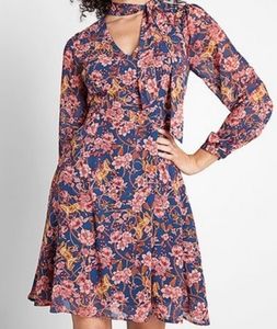 🍒ModCloth Navy & Pink Fliral Tie Neck Dress